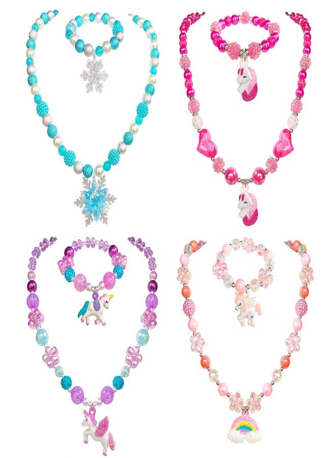 ELEMIRSA 4 Sets Baby Girl Unicorn Necklace Bracelet Set Dress up Princess Pretend Play Necklace Bracelet Jewelry Gift for Toddlers Kids Jewelly Set in Gift Box - Image 1